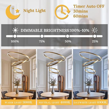 LED 3-Ring Chandelier Gold Dimmable Modern Pendant Light with Remote Control Vintage Brass LED Circle Chandelier for Dining Room Entry Foyer Bedroom Living Room,75W