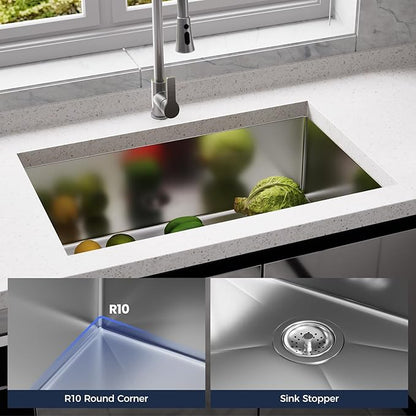 30 Inch Undermount Kitchen Sink - 30x19x9 Kitchen Sinks with Brushed, 18 Gauge 304 Stainless Steel Includes Drain Strainer, Deep Single Bowl Handmade Basin