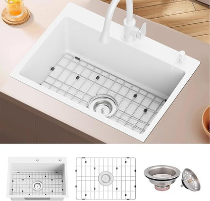 White 25x18 Inch Kitchen&Bar Sink- Stainless Steel Drop In Single Bowl Topmount Kitchen And Bar Sink With Sink Grid And Drain Assembly Bright White Bar Sink Enhance Aesthetic Appeal Of Modern Kitchen
