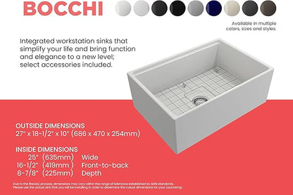 BOCCHI Contempo Workstation Apron Front Step Rim Fireclay 27 in. Single Bowl Kitchen Sink with Accessories in Matte White