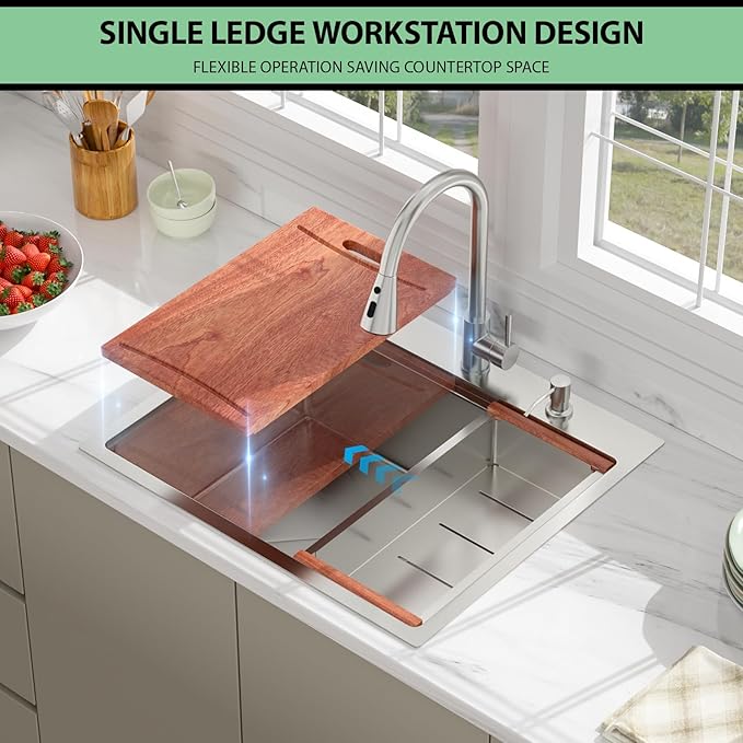25 Drop In Kitchen Sink - Beslend 25x22 Kitchen Sink Drop In Workstation with Faucet, Stainless Steel Sinks and Soap Dispenser Topmount 16 Gauge Single Bowl Above Counter Dish Basin 9" Deep