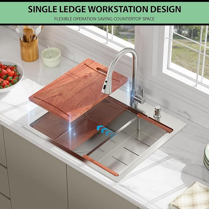 25 Drop In Kitchen Sink - Beslend 25x22 Kitchen Sink Drop In Workstation with Faucet, Stainless Steel Sinks and Soap Dispenser Topmount 16 Gauge Single Bowl Above Counter Dish Basin 9" Deep