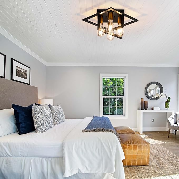 Semi Flush Mount Ceiling Light Fixture, 4 Light Industrial Ceiling Light,Black Frame & Gold Accent, Close to Ceiling Farmhouse Lighting for Kitchen, Bathroom, Bedroom, Hallway (E26,1-Pack)