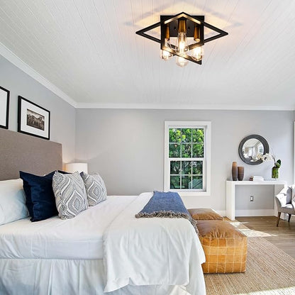 Semi Flush Mount Ceiling Light Fixture, 4 Light Industrial Ceiling Light,Black Frame & Gold Accent, Close to Ceiling Farmhouse Lighting for Kitchen, Bathroom, Bedroom, Hallway (E26,1-Pack)