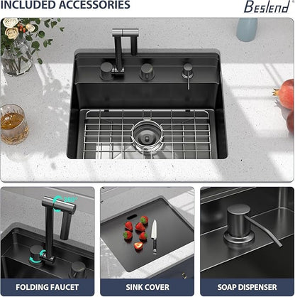 21 Inch Black Undermount Bar Sink Outdoor Kitchen Sink With Cover and Faucet 21x18x9 Inch 16 Gauge Stainless Steel Single Bowl Sink Indoor Outdoor