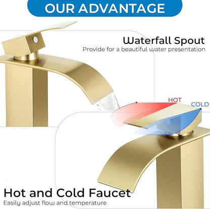 Brushed Gold Bathroom Faucets, Waterfall Bathroom Sink Faucet Modern Single Handle Bathroom Faucte 1 or 3 Hole, RV Mixer Tap Vanity Faucet - Includes Pop-up Drain Supply Hoses Deck Plate