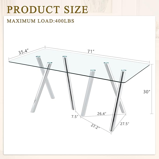 71" Glass Silver Dining Table for 4 6, Modern Kitchen Dining Room Table with 0.39" Thick Tempered Glass Tabletop and Metal Legs, Large Rectangle Dinner Tables for Home Kitchen Living Room