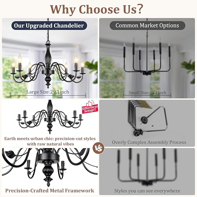 29" Black Chandelier for Dining Room, Modern Farmhouse 6-Light Light Fixture Hanging, Industrial Kitchen Lighting Fixtures with Leaf, Vintage Chandeliers Over Table for Bedroom Foyer Living Room