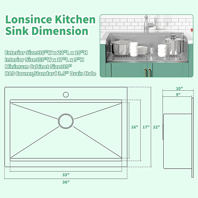 Drop In Kitchen Sink 36" X 22",Top Mount 16 Gauge Stainless Steel Workstation Sink,Deep & Large Single Bowl Kitchen Sinks