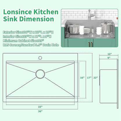 Drop In Kitchen Sink 36" X 22",Top Mount 16 Gauge Stainless Steel Workstation Sink,Deep & Large Single Bowl Kitchen Sinks