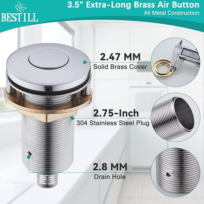 BESTILL Garbage Disposal Air Switch Kit - All Metal, UL Listed Long Push Button for Waste Disposer, Single Outlet Sink Top Solid Brass Air On/Off Button, Polished Chrome
