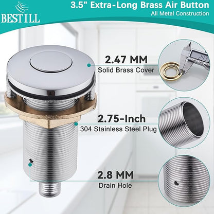 BESTILL Garbage Disposal Air Switch Kit - All Metal, UL Listed Long Push Button for Waste Disposer, Single Outlet Sink Top Solid Brass Air On/Off Button, Polished Chrome