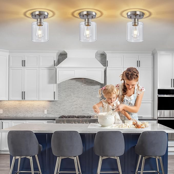YYT 1-Light Flush Mount Ceiling Light, Brushed Nickel Hallway Light Fixtures, Small Kitchen Lighting Fixtures Ceiling, Cieling Lights with Clear Glass Shade for Entryway Bathroom Corridor Passway
