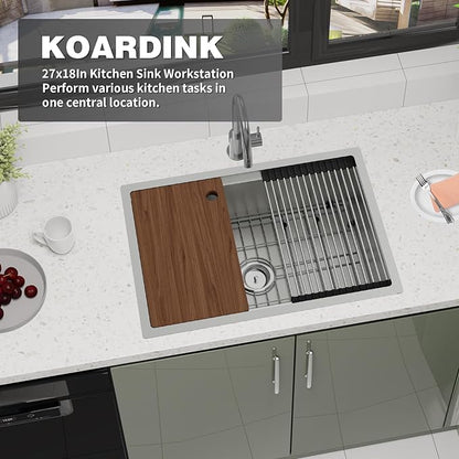 Kitchen Sink Workstation, 27x18 Inch Stainless Steel Drop In Kitchen Sink Modern Undermount Single Bowl Kitchen Sink Gift Combo-SS Grid,Drying Rack,Cutting Board,Sink Clip, Drain Strainer Set