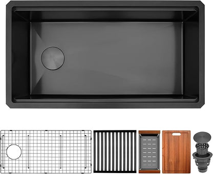 Black Undermount Kitchen Sink 33 inch,16 Gauge Stainless Steel Sinks,Single Bowl Workstation Sink,Modern Kitchen Sink Offset Drain (33" X 18")