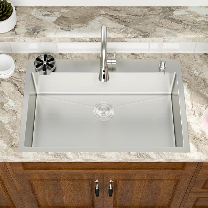 Mocoloo Drop In Kitchen Sink with Faucet Combo 16 Gauge Stainless Steel Single Bowl 30 Inch Drop In Sink with Cup Washer, Pull-out Faucet, and Soap Dispenser, 30''x22''x9'' Topmount Kitchen Sinks