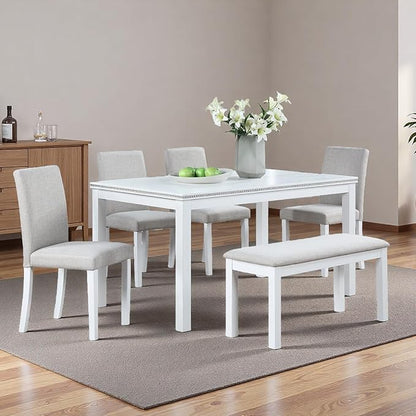 Dining Table Set for 6, 6 Piece Wooden Dining Table Set, Kitchen Furniture with Rectangular Crystal Decoration Dining Table, 4 Upholstered Chairs & Bench, Space-Efficient for Apartment, White