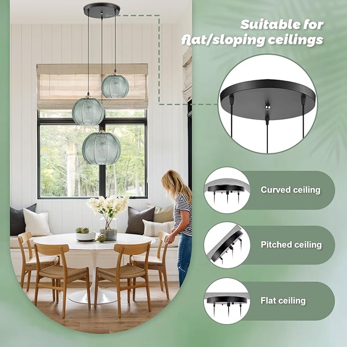 3-Light Cluster Pendant Lighting, Mid Century Modern Chandelier with Hand Blown Green Glass, Adjustable Kitchen Island Hanging Light for Dining Room, Bedroom, Living Room