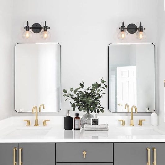KSANA Black Bathroom Light Fixtures, 2-Light Modern Farmhouse Black Vanity Lights with Clear Glass Shade Over Mirror for Hallway, Kitchen, Bedroom, and Living Room
