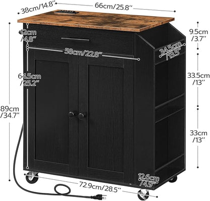 HOOBRO Kitchen Island with Power Outlet, Storage Island with Spice Rack and Drawer, Rolling Kitchen Cart on Wheels, for Home, Dining Room, Rustic Brown and Black