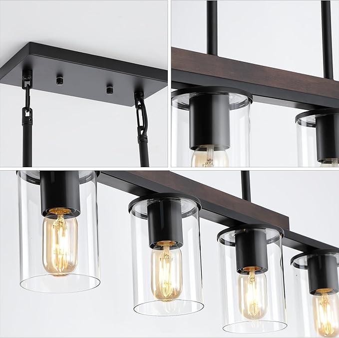 Mecgirn Farmhouse Dining Room Light Fixtures Over Table, Black Pendant Lights for Kitchen Island, 4 Light Linear Chandelier Lighting with Wood
