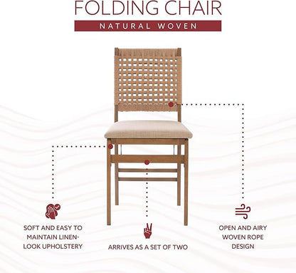 Linon Bennett Natural Folding Chair with Woven Rope Back and Linen Upholstered Seat Set of 2