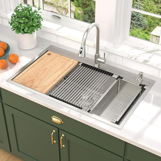 36 Inch Drop In Kitchen Sink with Faucet Combo - 36x22 Workstation All-In One 16 Gauge Stainless Steel Single Bowl Topmount Large Sink For Kitchen with Accessories, #TLT-0021