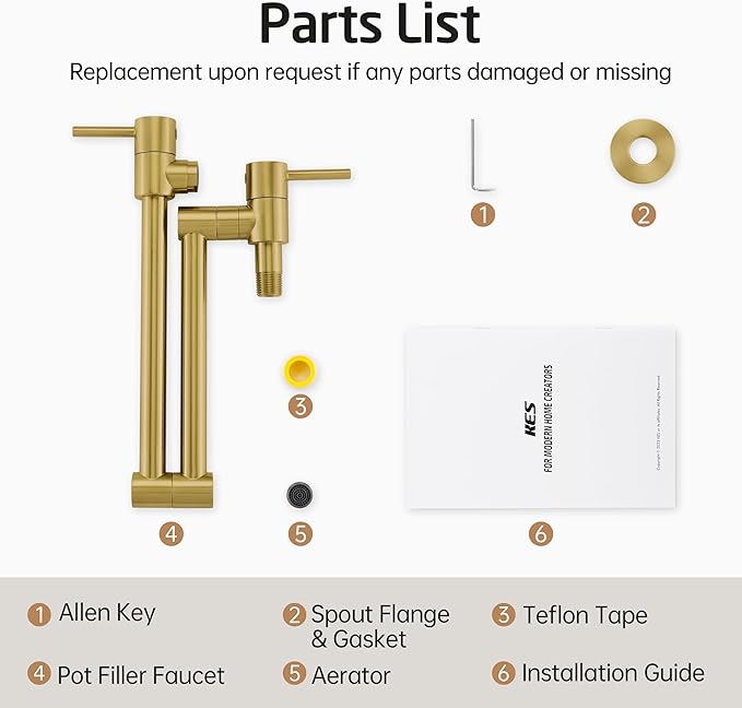 KES Kitchen Gold Pot Filler Folding Faucet Brass Double Joint Swing Arm Sink Faucet Articulating Wall Mount Two Handle Brushed Gold, KN926LFF18-BZ