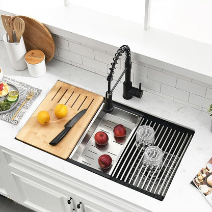 32 Inch Black Undermount Kitchen Sink Workstation - SZBAQTM 32x18-Inch Undermount Sink Stainless Steel Single Bowl 10'' Deep Handmade Kitchen sink with Cutting Board& Strainer