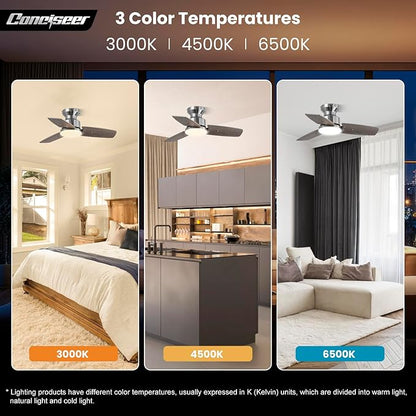Conciseer 30 Inch Ceiling Fans with Lights and Remote, Bedroom Living Room Office, Flush Mount, 3CCT Dimmable, Dual Color 3 Blades 6 Speed Reversible Quiet DC Motor, Chrome-Plated/Wood Grain