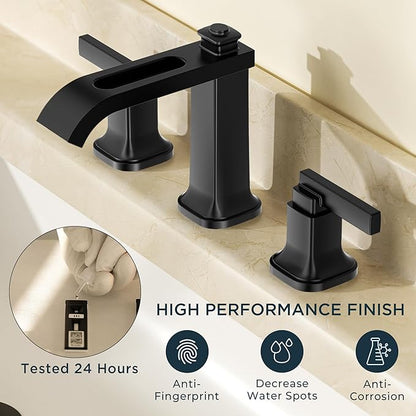 FORIOUS 3 Hole Bathroom Vanity Sink Faucet,Matte Black Waterfall Widespread Bathroom Faucets 2-Handle with Metal Pop-Up Drain, Modern Design