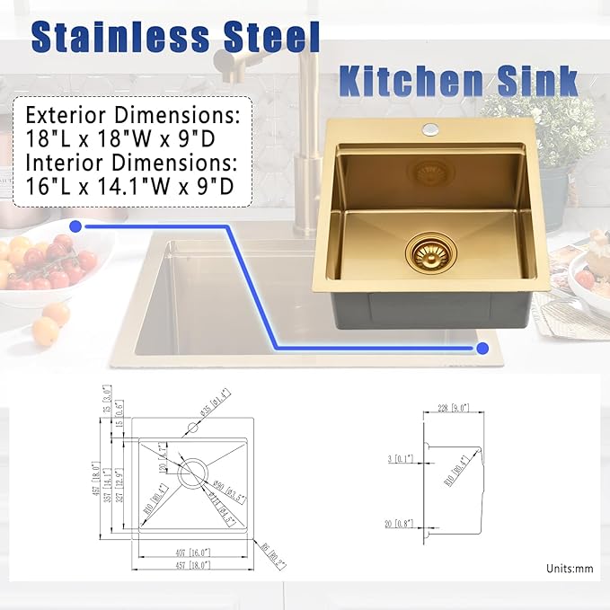 18x18 Gold Drop In Kitchen Sink and Faucet Combo Set - 18 Inch Gold Small Bar Sink with Faucet, 9 Inch Deep Stainless Steel Drop In Sinks Workstation with Accessories
