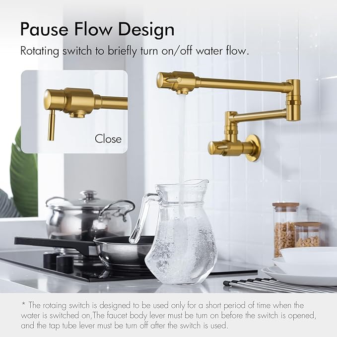 Wall Mount Spout Cold Water Only Double Lever Handle Brushed Brass Kitchen Sink Faucet Stove, Pot Filler Faucet with Dual Joint Swing Armk Sink Faucet, Brushed Old Gold-PVD