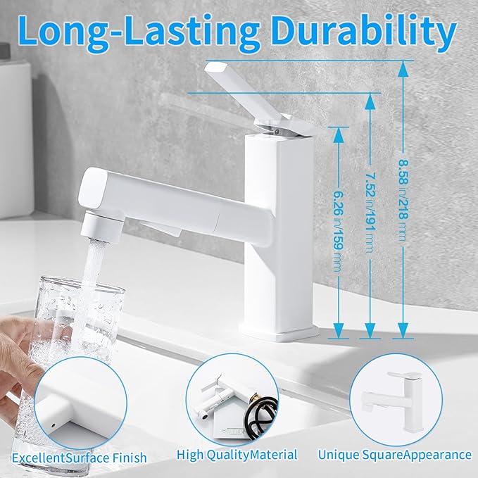 HANLIAN Single Hole Bathroom Pull Out Faucet with Rotating Spout, One Handle Faucet for Bathroom Sink, Modern Bathroom Faucet with Pull Down Sprayer, 3 Modes Vanity Faucets (White, Regular)