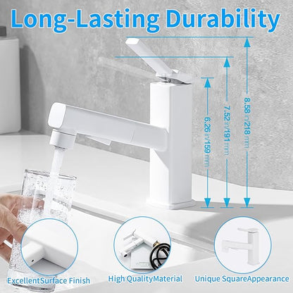 HANLIAN Single Hole Bathroom Pull Out Faucet with Rotating Spout, One Handle Faucet for Bathroom Sink, Modern Bathroom Faucet with Pull Down Sprayer, 3 Modes Vanity Faucets (White, Regular)