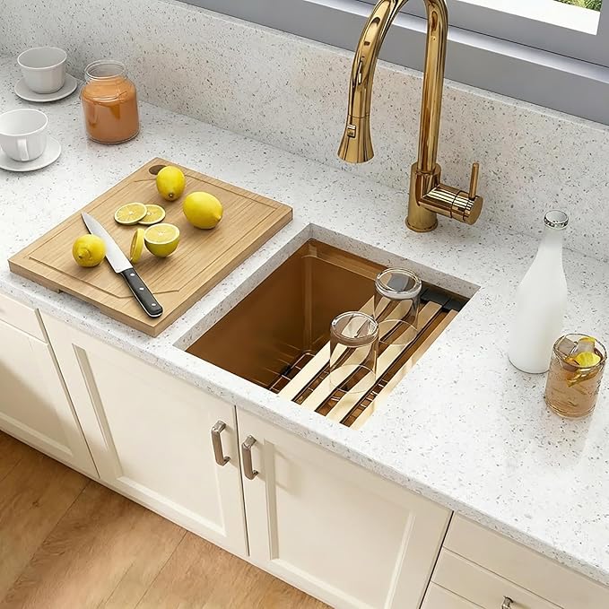 Gold Bar Sink 13 x 15 Inch, Gold Undermount Kitchen Sinks,16 Gauge SUS304 Stainless Steel All in One Workstation Sinks with Accessories,13" x 15" x 10" Small Kitchen Sink For Wet Bar and RV