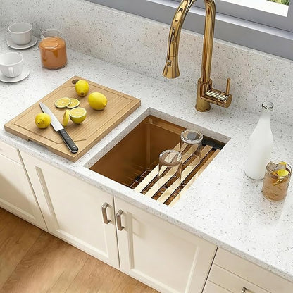 Gold Bar Sink 13 x 15 Inch, Gold Undermount Kitchen Sinks,16 Gauge SUS304 Stainless Steel All in One Workstation Sinks with Accessories,13" x 15" x 10" Small Kitchen Sink For Wet Bar and RV