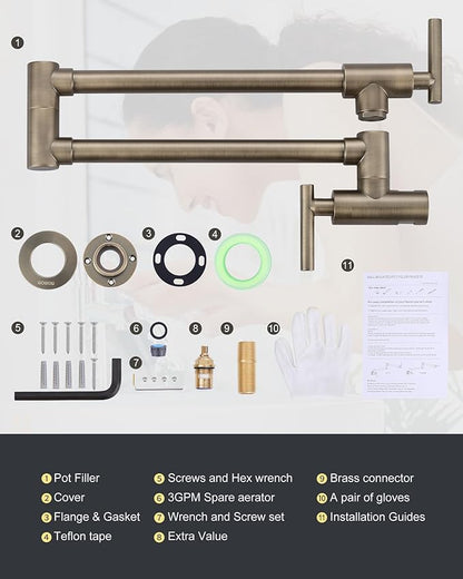 Pot Filler Faucet Green Bronze, WOWOW Brass Pot Filler Wall Mount Kitchen Stove Faucet with Double Joint Swing Arms
