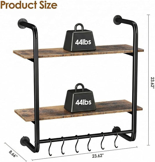 2 Tier Industrial Pipe Floating Shelf, 24" Kitchen Wall Shelves with Towel Bar & 6 Hooks, Coffee Bar Shelves Display Bookshelf Wall Shelf for Kitchen, Bathroom, Home Décor, Rustic Brown