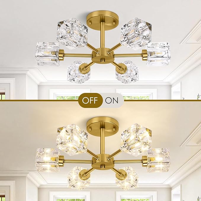 Modern Crystal Chandelier, 6-Light Gold Flush Mount Ceiling Light, 17.3" Sputnik Chandelier Light Fixture with K9 Crystal Shade, Industrial Pendant Light for Dining Room, Kitchen, Bedroom, Living Room