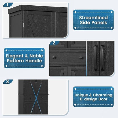 kepptory 72" Tall Kitchen Pantry Cabinet, Black Pantry Storage Cabinet with Adjustable Shelves, Barn Doors and Drawer, Farmhouse Cupboard for Kitchen, Dining Room, Bathroom (16" D x 30" W x 72" H)