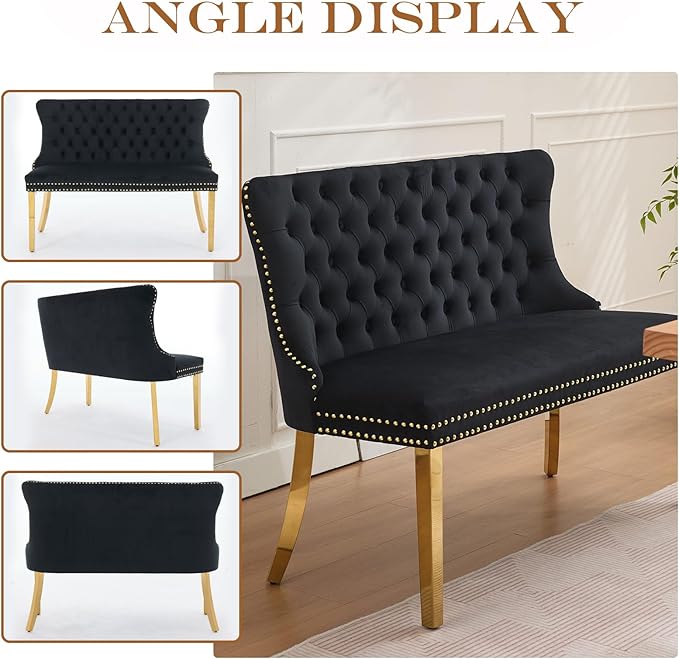 45.6in Upholstered Dining Bench, Mid-Century Modern Kitchen Room Bench with Tufted Back and Metal Legs, Velvet Small Sofa Couch Bench, Black