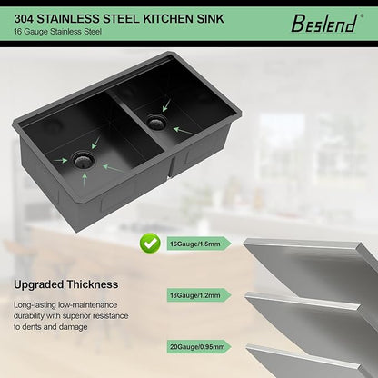 30 Black Undermount Kitchen Sink - 30x19 Gunmetal Black Double Bowl Kitchen Sinks Workstation 16 Gauge Stainless Steel Sink Low Divide Double Basin 60/40