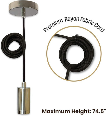 Royal Designs, Inc. Hanging Pendant Lighting Keyless Cylinder-Shaped Pendant Light Socket and Canopy, Polished Nickel Finish with Black Rayon Fabric Cord