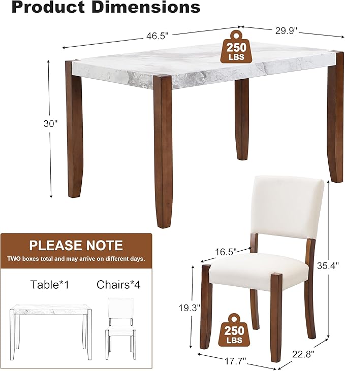 VilroCaz Modern 5-Piece Dining Table Set, 46" Faux Marble Style Table and 4 Upholstered Chairs with Solid Wood Legs, Kitchen Dining Room Set for 4, Space-Saving Dinette (Off White-5P)