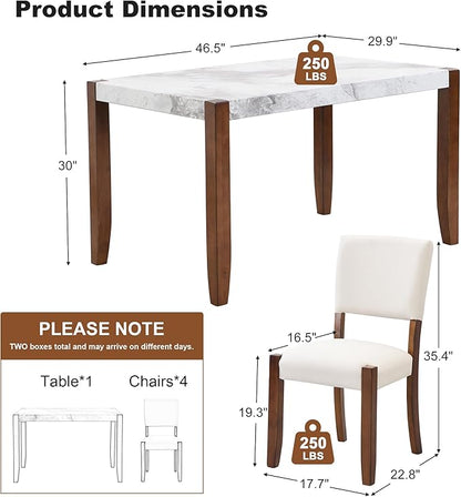 VilroCaz Modern 5-Piece Dining Table Set, 46" Faux Marble Style Table and 4 Upholstered Chairs with Solid Wood Legs, Kitchen Dining Room Set for 4, Space-Saving Dinette (Off White-5P)