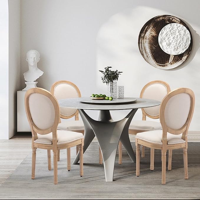 SoarFlash French Dining Chairs Set of 4, Vantage Linen Dining Chair with Round Back, Farmhouse Country Dining Chair for Kitchen,Restaurant,Beige