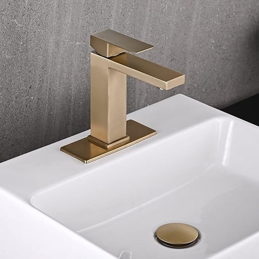 AVSIILE Brushed Gold Bathroom Faucet, Golden Single Hole Vanity Bath Faucet, Single Handle Modern Stainless Steel Bathroom Faucets for Sink 1 Hole with Pop Up Drain Stopper & Water Supply Hoses