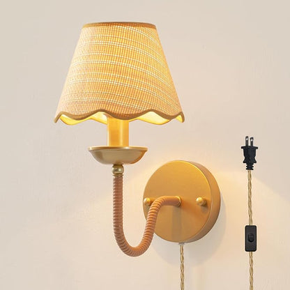 Rattan Wall Sconce,Boho Hand-Woven Gold Wall Light,Rustic Modern Rattan Sconce Lighting,Gold Plug in Wall Lights for Living Room,Bedroom,Hallway,Vanity,1-Light
