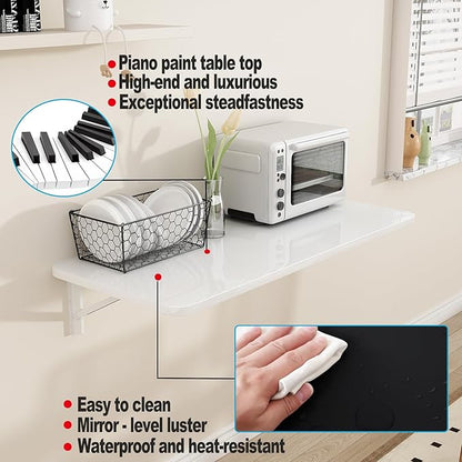 Wall Mounted Folding Table for Laundry Room Piano Baking Paint Waterproof, Wall Mount Table Fold Down Multi Size, Foldable Desk for Kitchens、Handicraft Production、Bars、Sewing Station（White）
